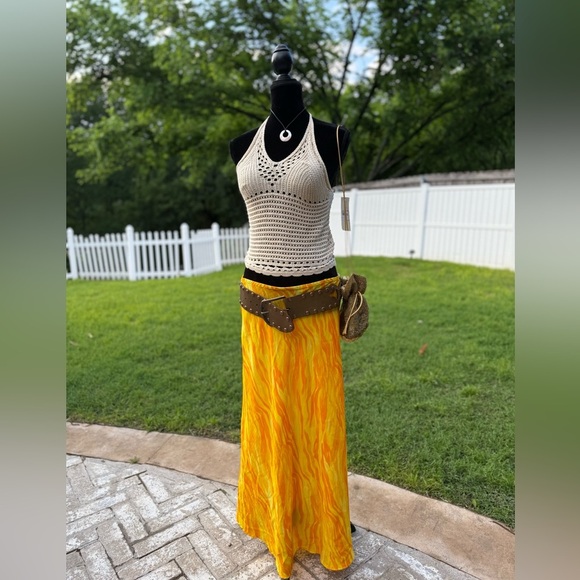 90s Polyester flamed Yellow maxi Skirt - Picture 1 of 3